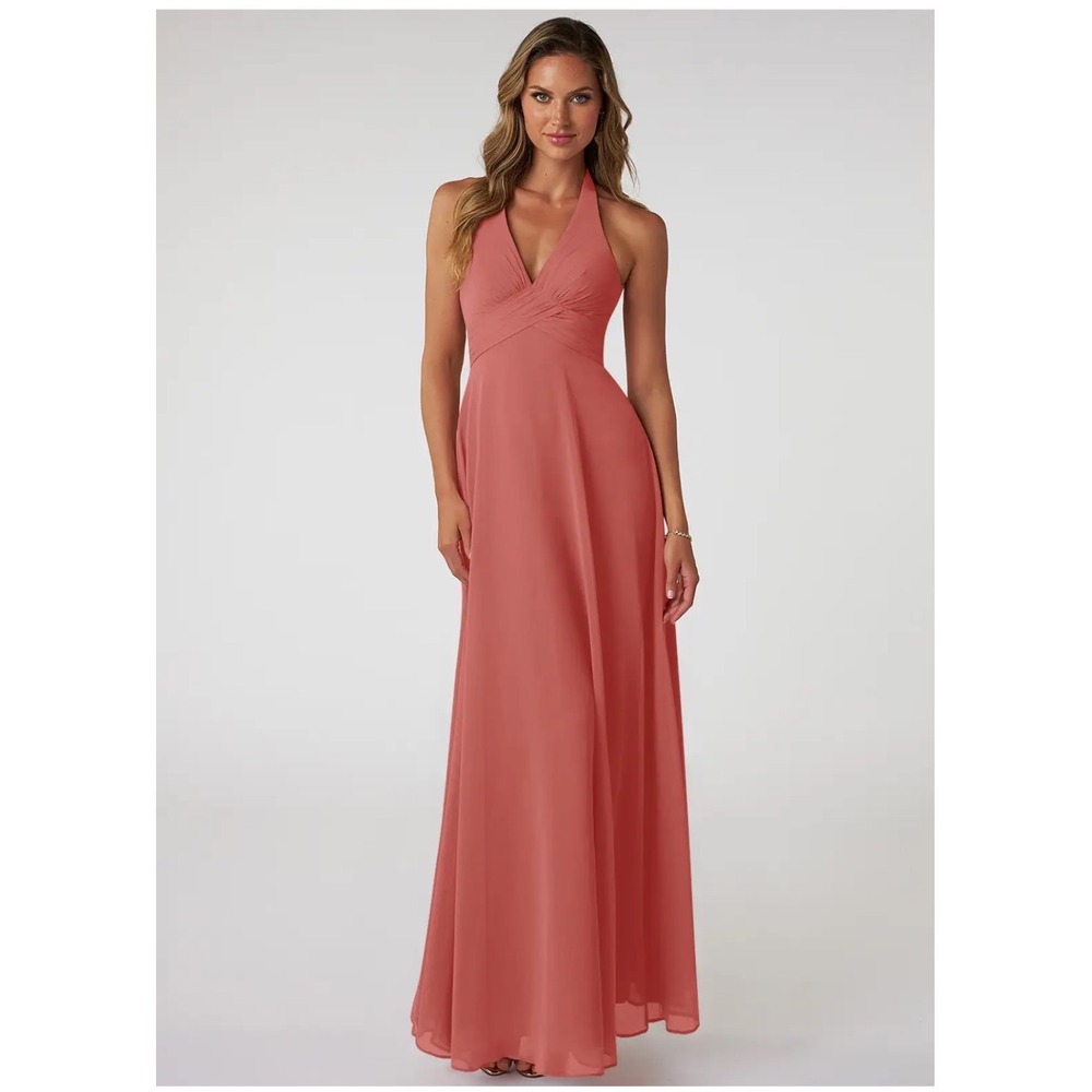 Rose Pink‎ Halter Neck Maxi Dress Pleated Formal Gown Keyhole Back Bridesmaid C